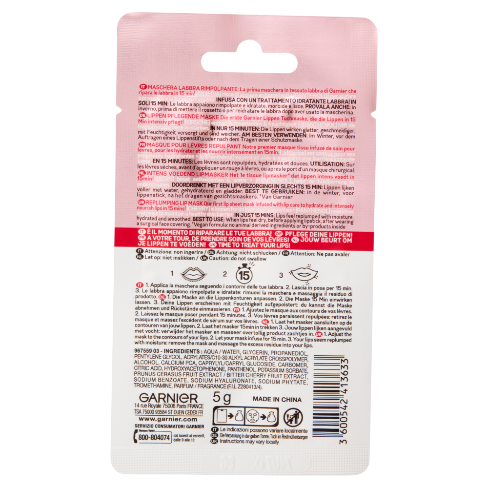 GARNIER FACE MASK FABRIC LIPS CHERRY